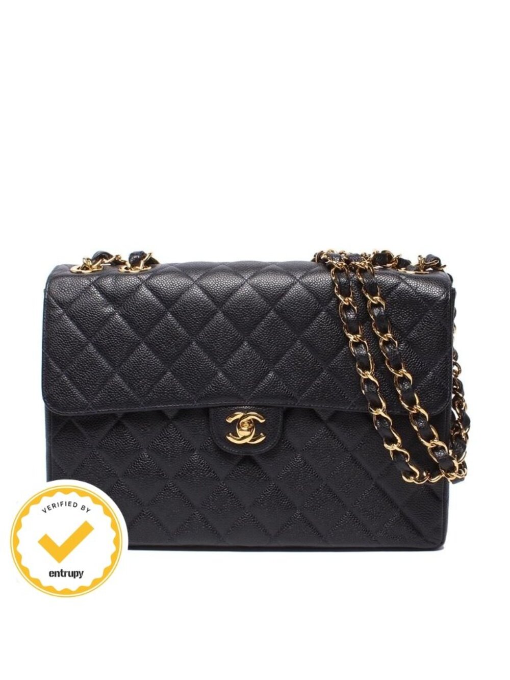 Chanel Chain Shoulder Bag Quilted Caviar Leather Gold Double